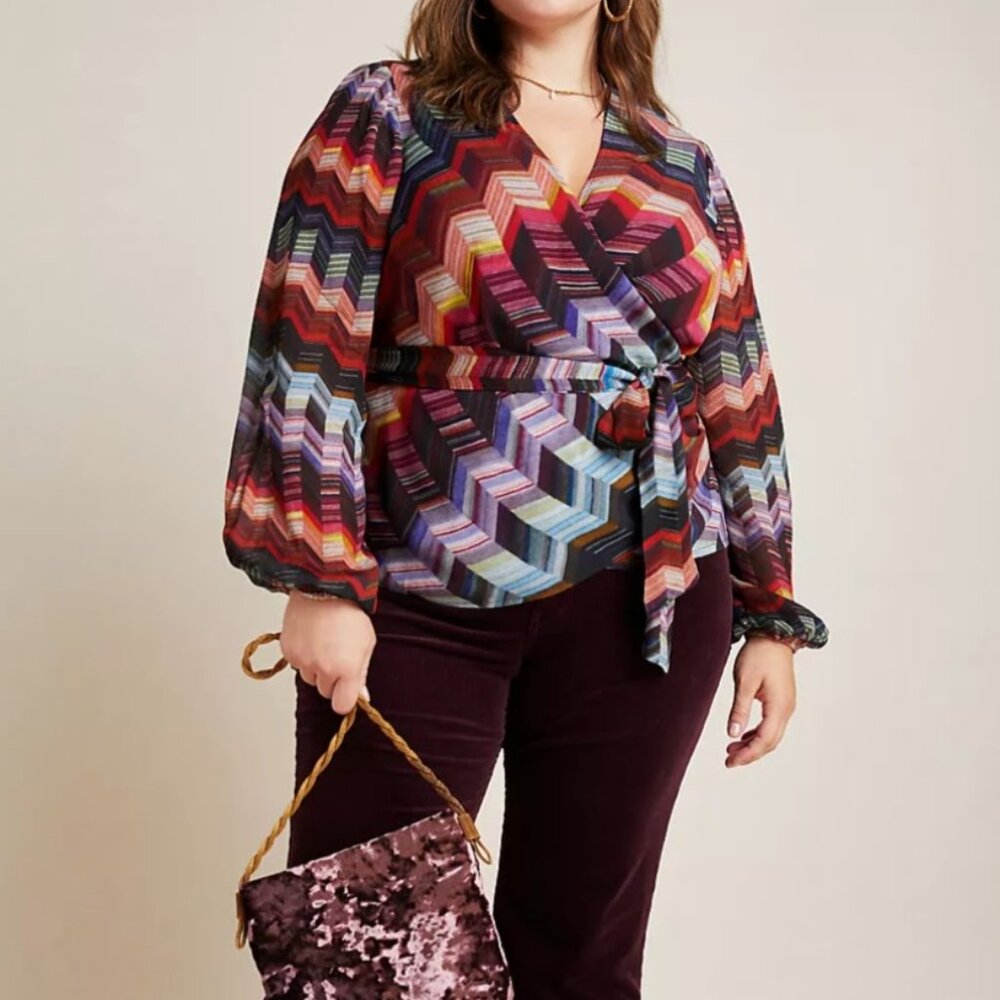 Conditions Apply Anthropologie Laurie Chevon Wrap Blouse Boho 70s Women's XL NWT